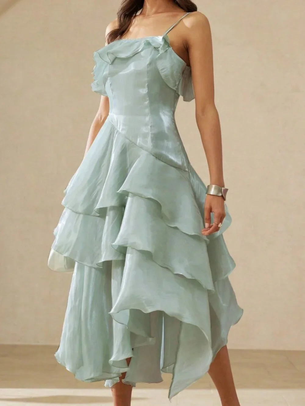 Cadet Blue Romantic Women's Asymmetrical Ruffle Trim Camisole Dress - Picture 6 of 7